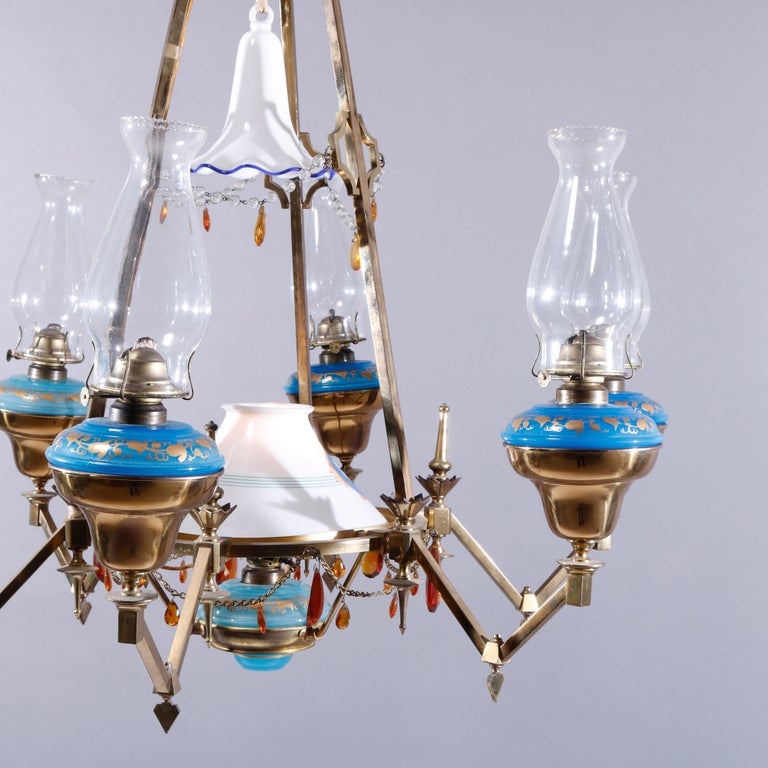 Antique English Aesthetic Brass Oil Lamp Chandelier with Gilt Blue Opaline Fonts For Sale 5