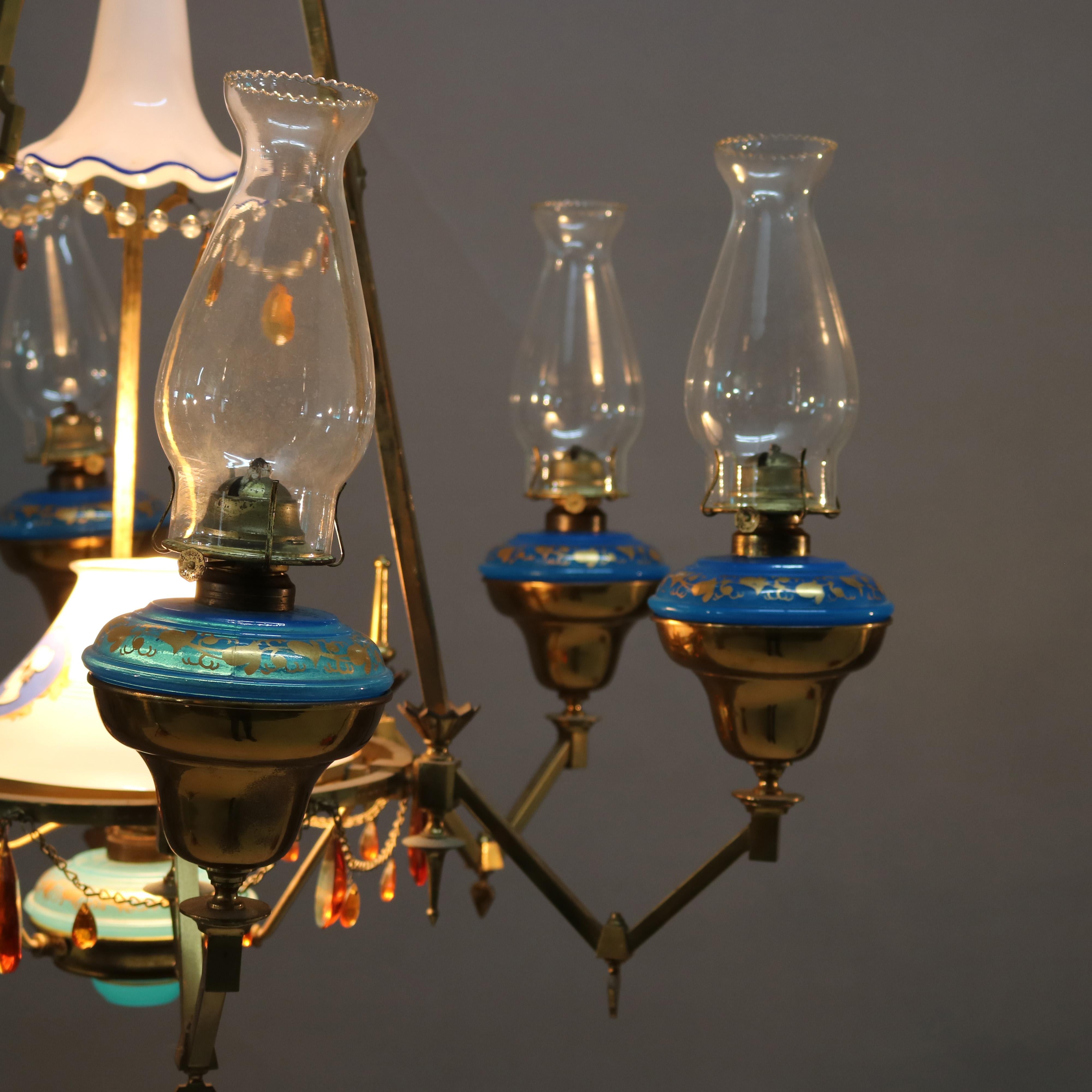 Antique English Aesthetic Brass Oil Lamp Chandelier with Gilt Blue Opaline Fonts 4