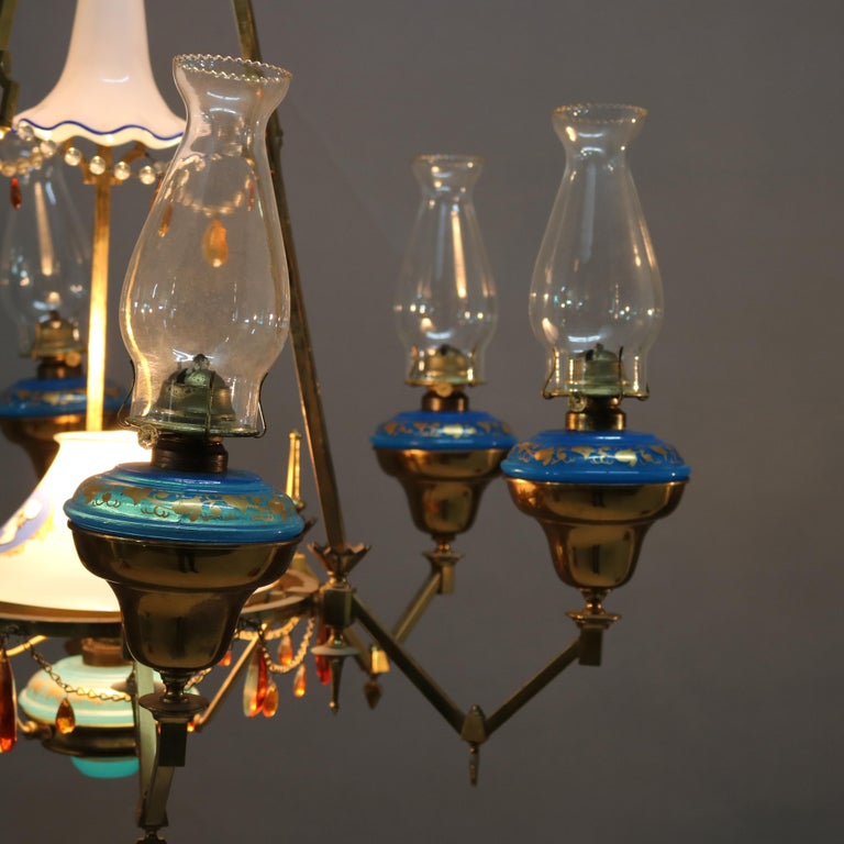 Antique English Aesthetic Brass Oil Lamp Chandelier with Gilt Blue Opaline Fonts For Sale 6