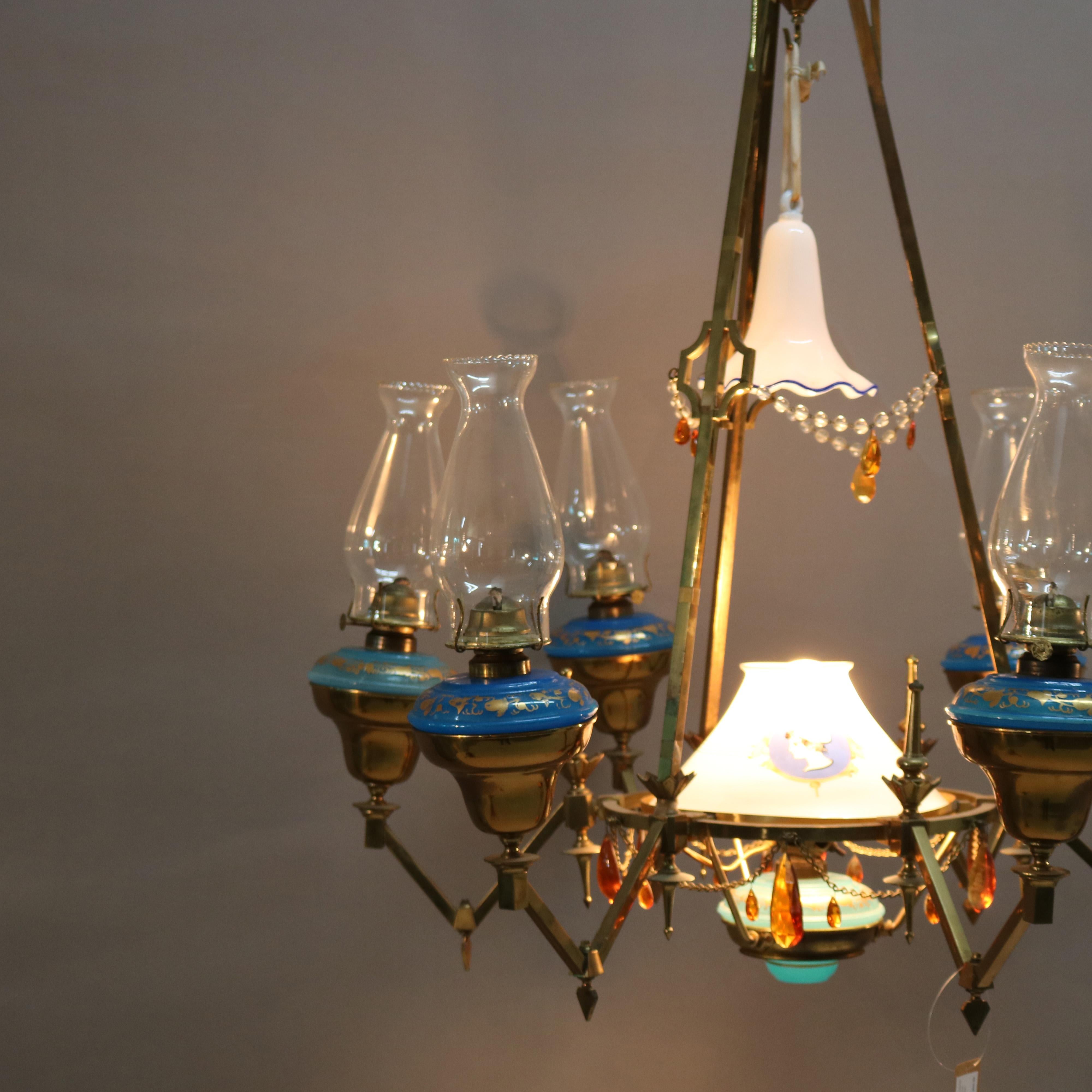 Antique English Aesthetic Brass Oil Lamp Chandelier with Gilt Blue Opaline Fonts 5