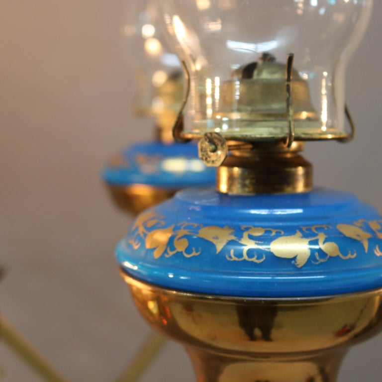 Antique English Aesthetic Brass Oil Lamp Chandelier with Gilt Blue Opaline Fonts For Sale 9