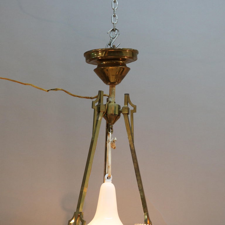 Antique English Aesthetic Brass Oil Lamp Chandelier with Gilt Blue Opaline Fonts For Sale 12