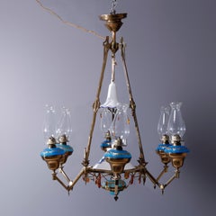 Antique English Aesthetic Brass Oil Lamp Chandelier with Gilt Blue Opaline Fonts