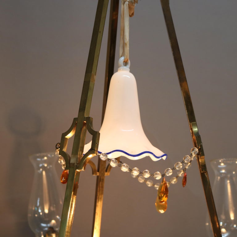 Cast Antique English Aesthetic Brass Oil Lamp Chandelier with Gilt Blue Opaline Fonts For Sale