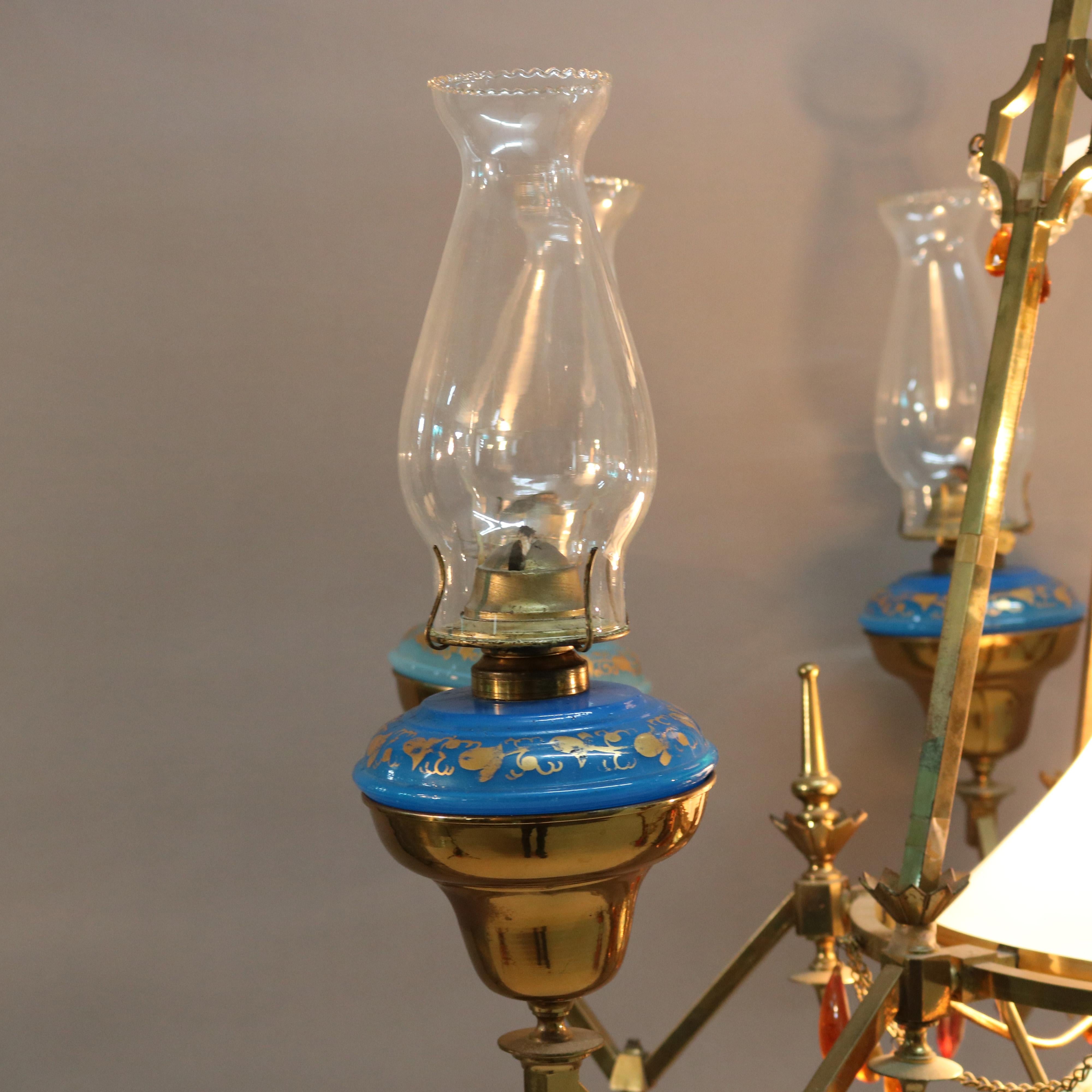 Antique English Aesthetic Brass Oil Lamp Chandelier with Gilt Blue Opaline Fonts In Good Condition In Big Flats, NY