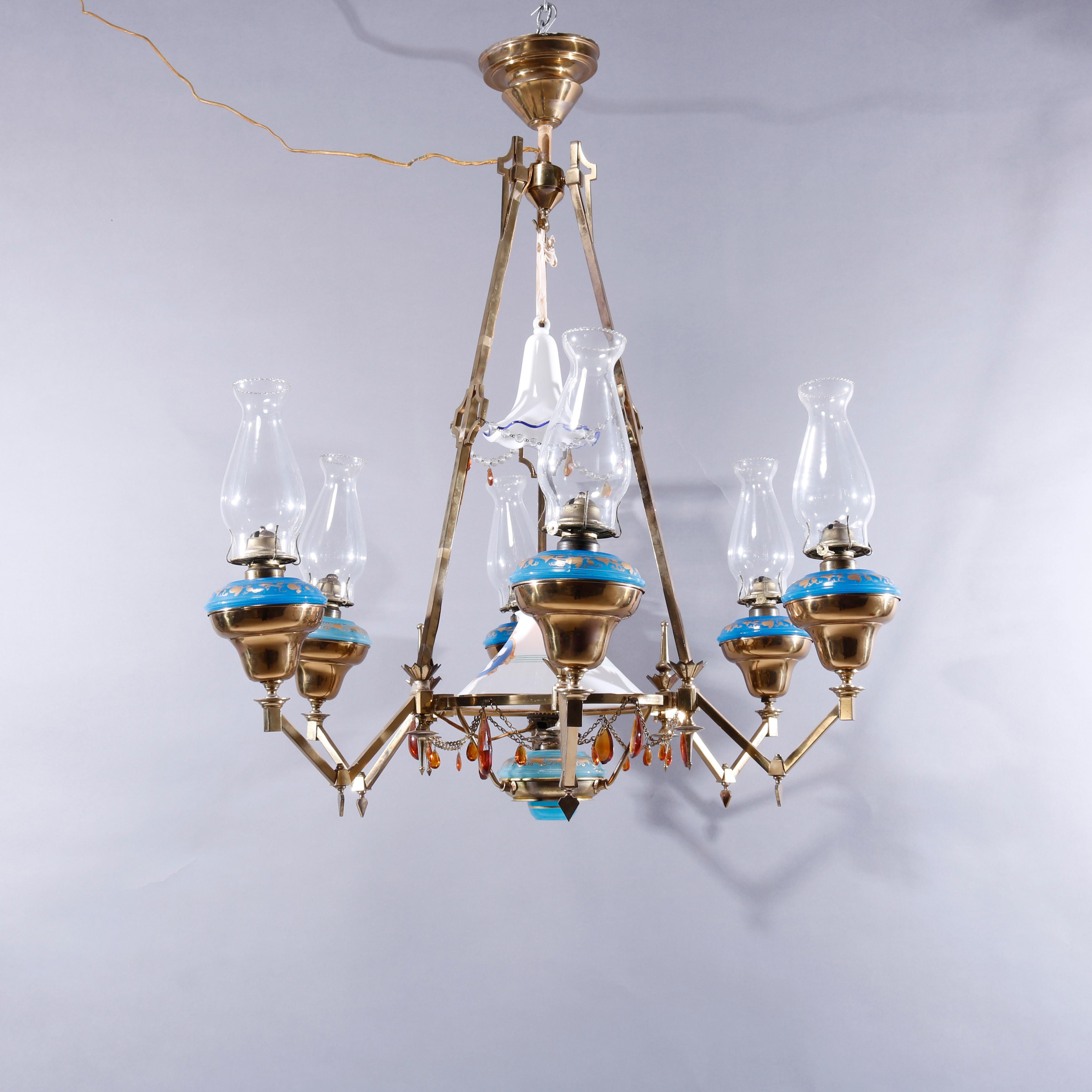 19th Century Antique English Aesthetic Brass Oil Lamp Chandelier with Gilt Blue Opaline Fonts