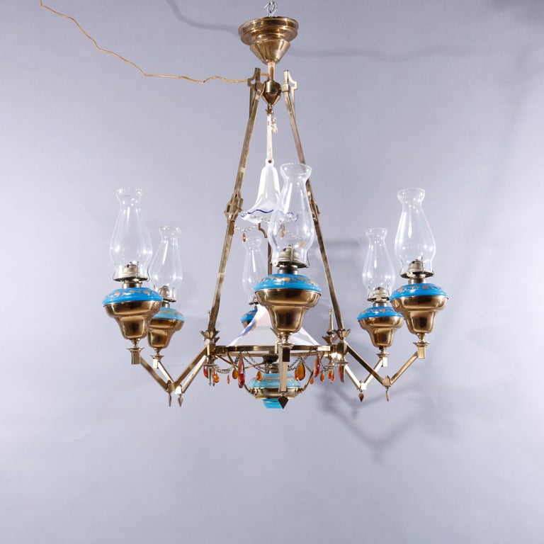 Antique English Aesthetic Brass Oil Lamp Chandelier with Gilt Blue Opaline Fonts For Sale 1