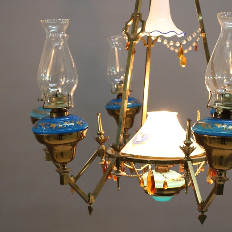 Antique English Aesthetic Brass Oil Lamp Chandelier with Gilt Blue Opaline Fonts For Sale 2