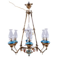 Antique English Aesthetic Brass Oil Lamp Chandelier with Gilt Blue Opaline Fonts