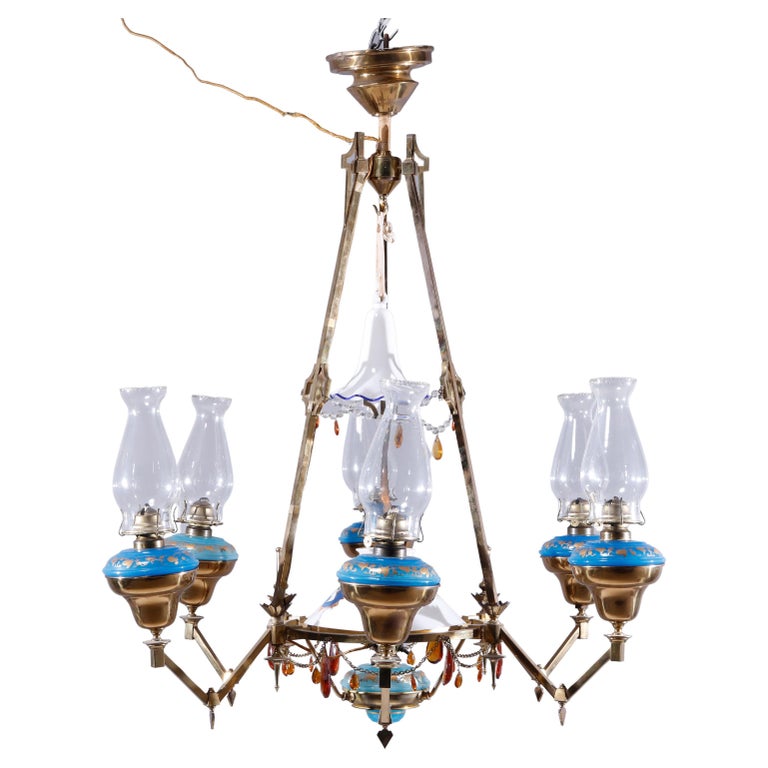 Antique English Aesthetic Brass Oil Lamp Chandelier with Gilt Blue Opaline Fonts For Sale