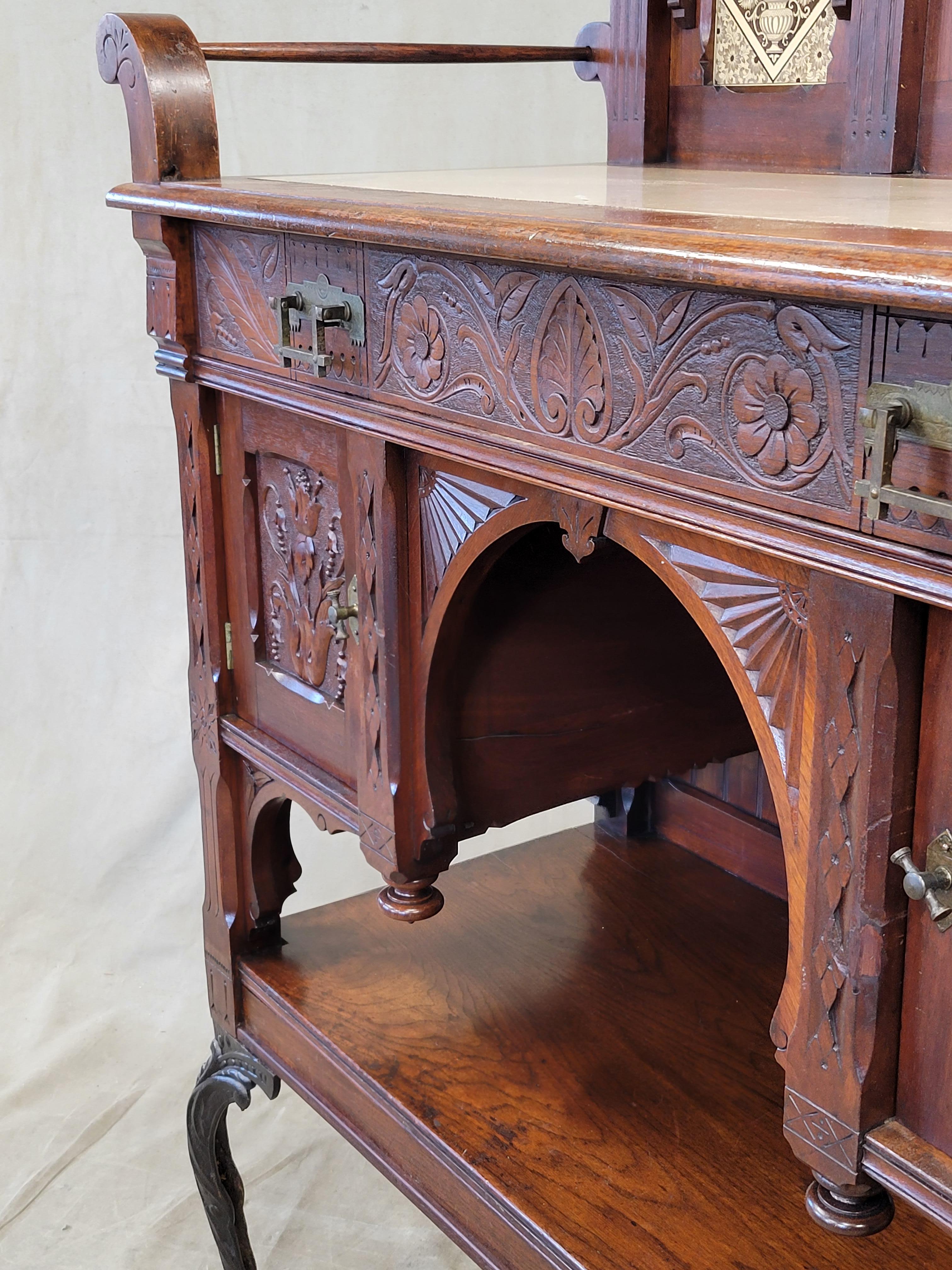 Antique English Aesthetic Movement Walnut, Marble and Minton Tile Sideboard 4
