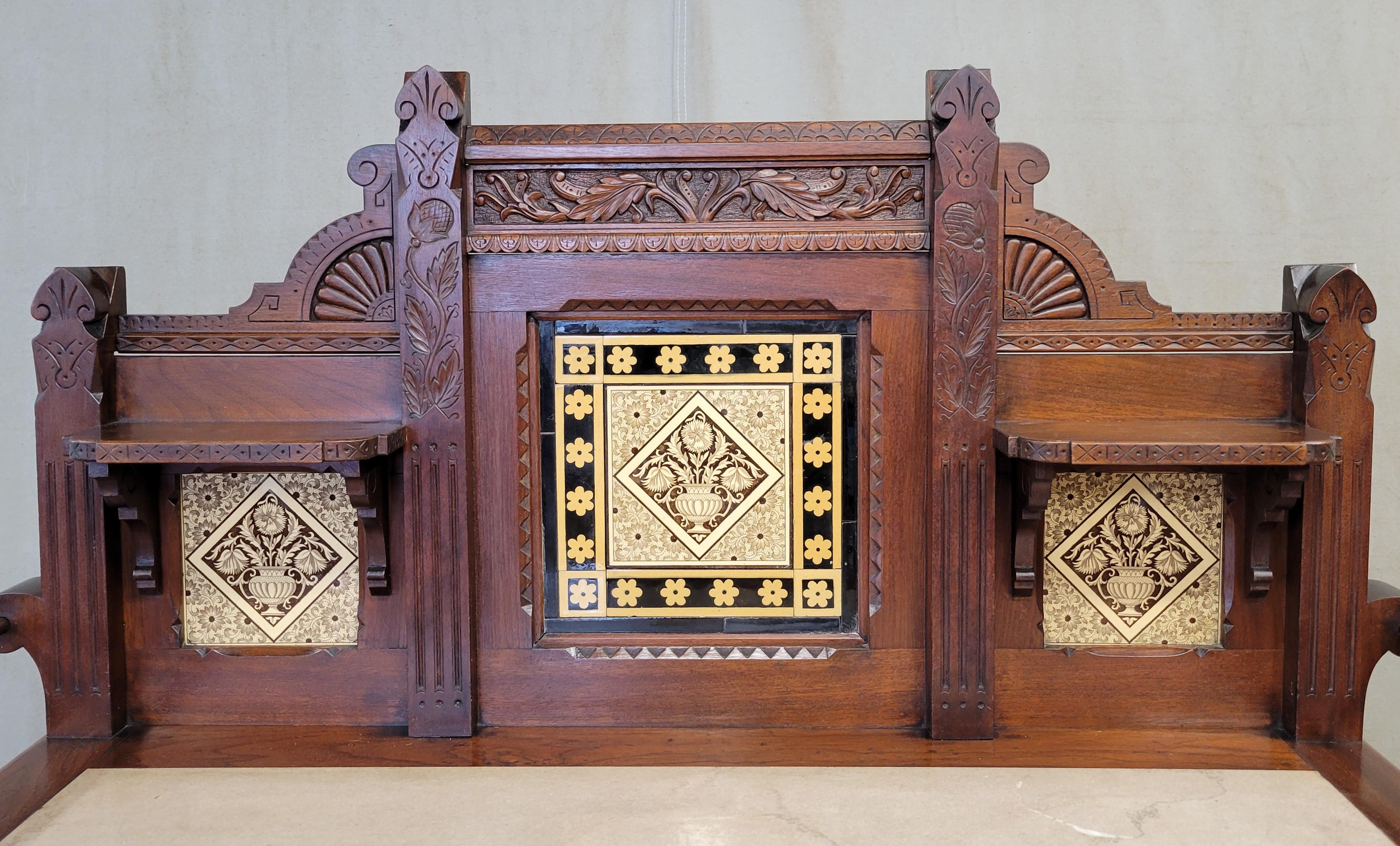 British Antique English Aesthetic Movement Walnut, Marble and Minton Tile Sideboard