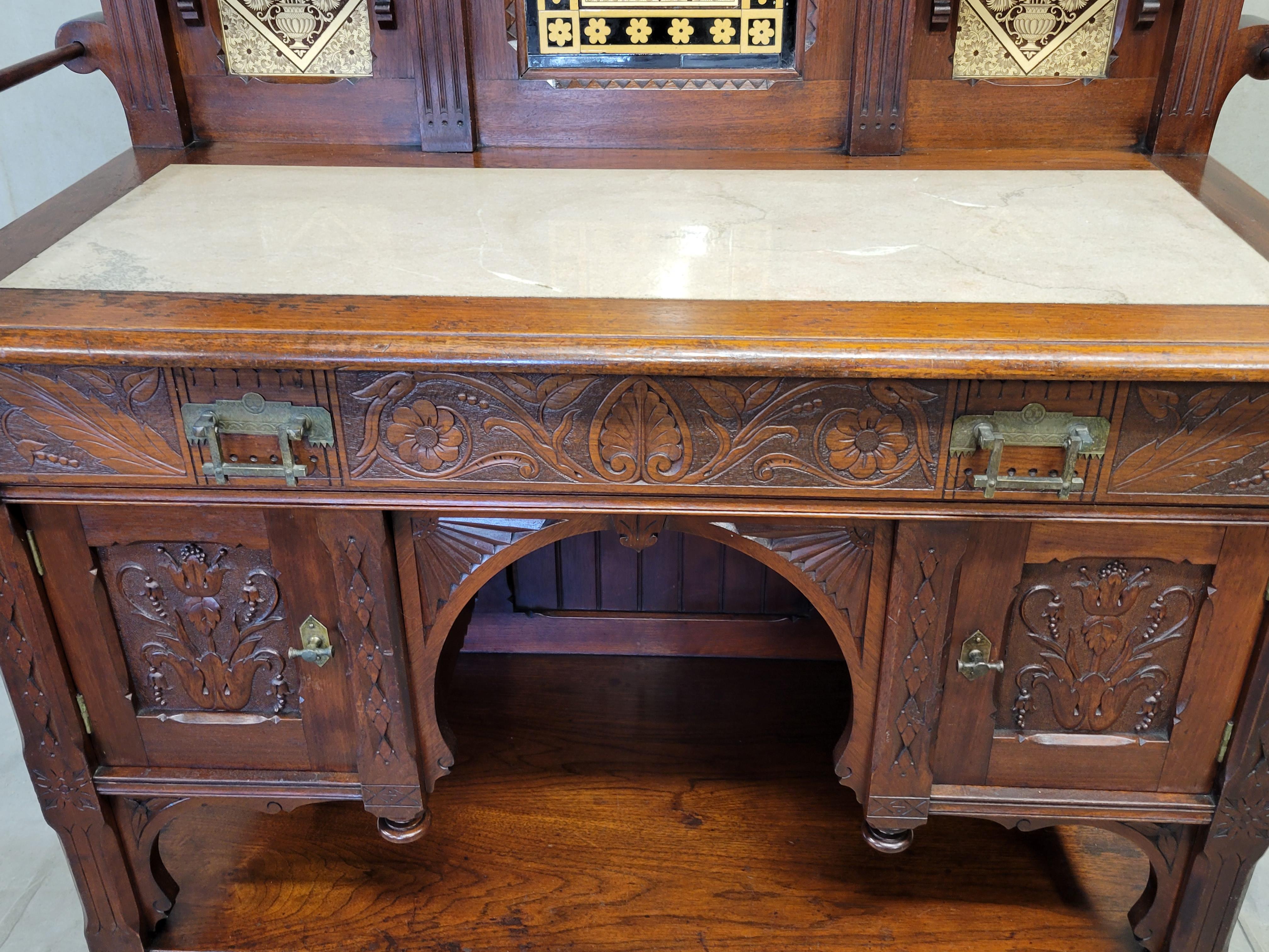 Hand-Carved Antique English Aesthetic Movement Walnut, Marble and Minton Tile Sideboard