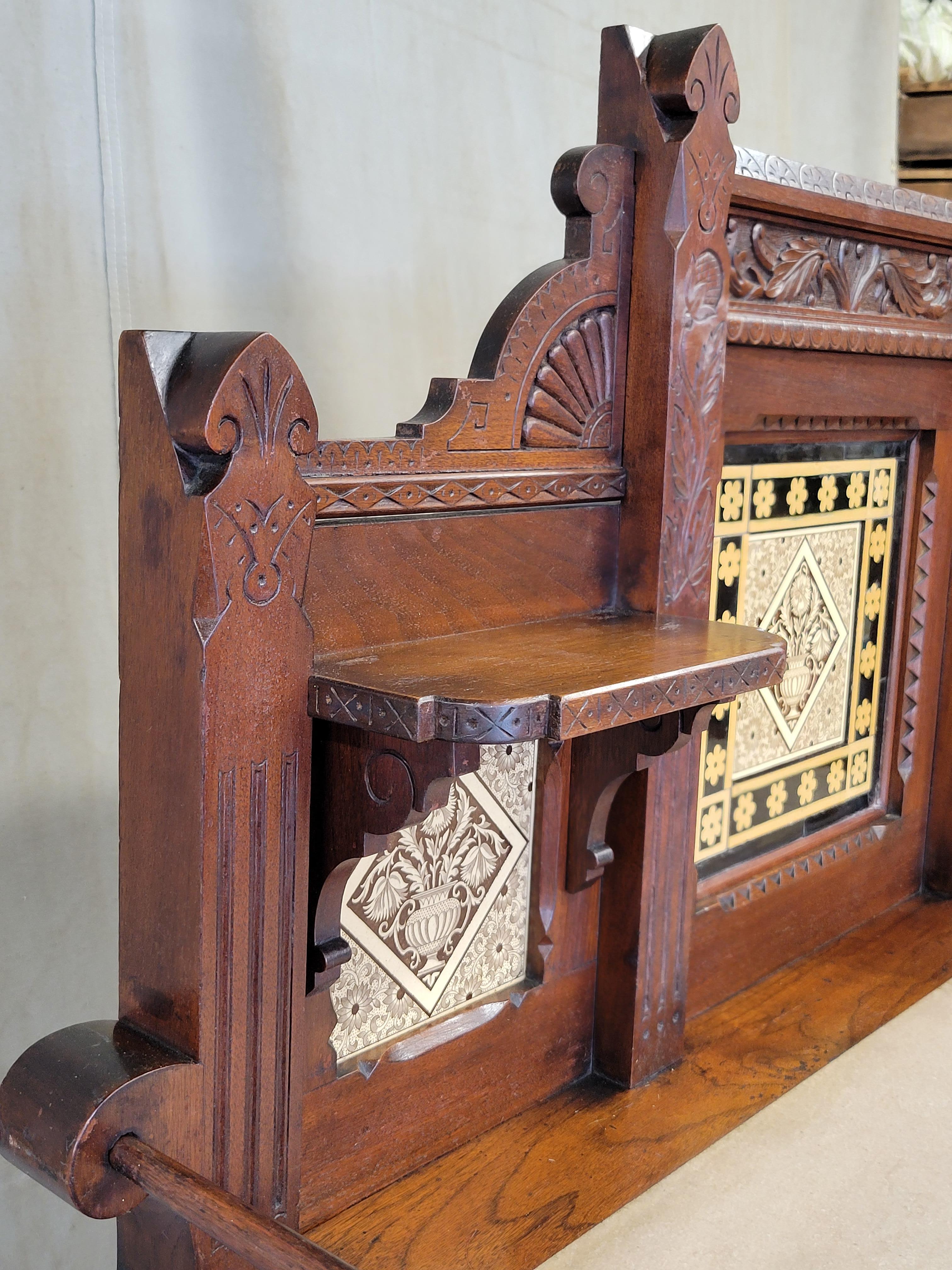 Brass Antique English Aesthetic Movement Walnut, Marble and Minton Tile Sideboard For Sale