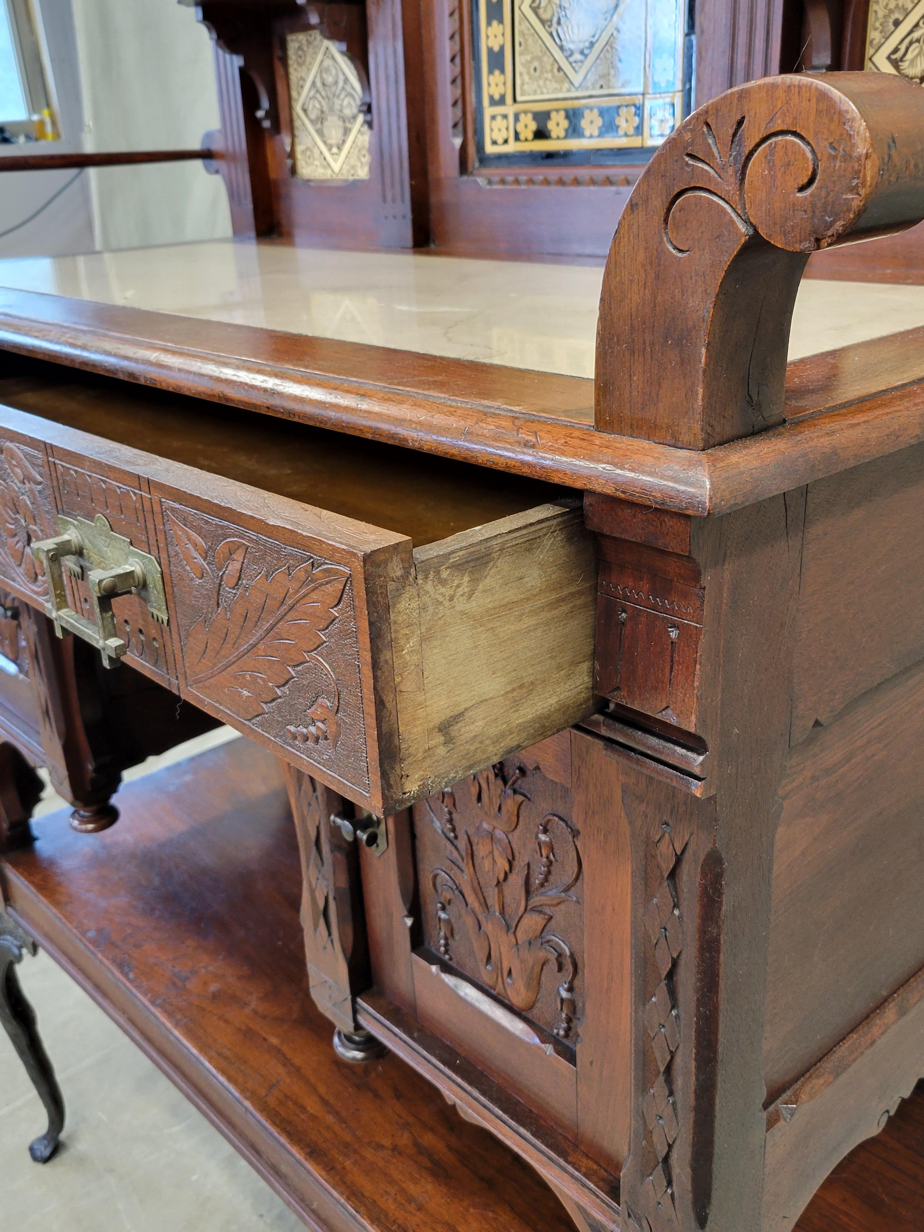 Brass Antique English Aesthetic Movement Walnut, Marble and Minton Tile Sideboard