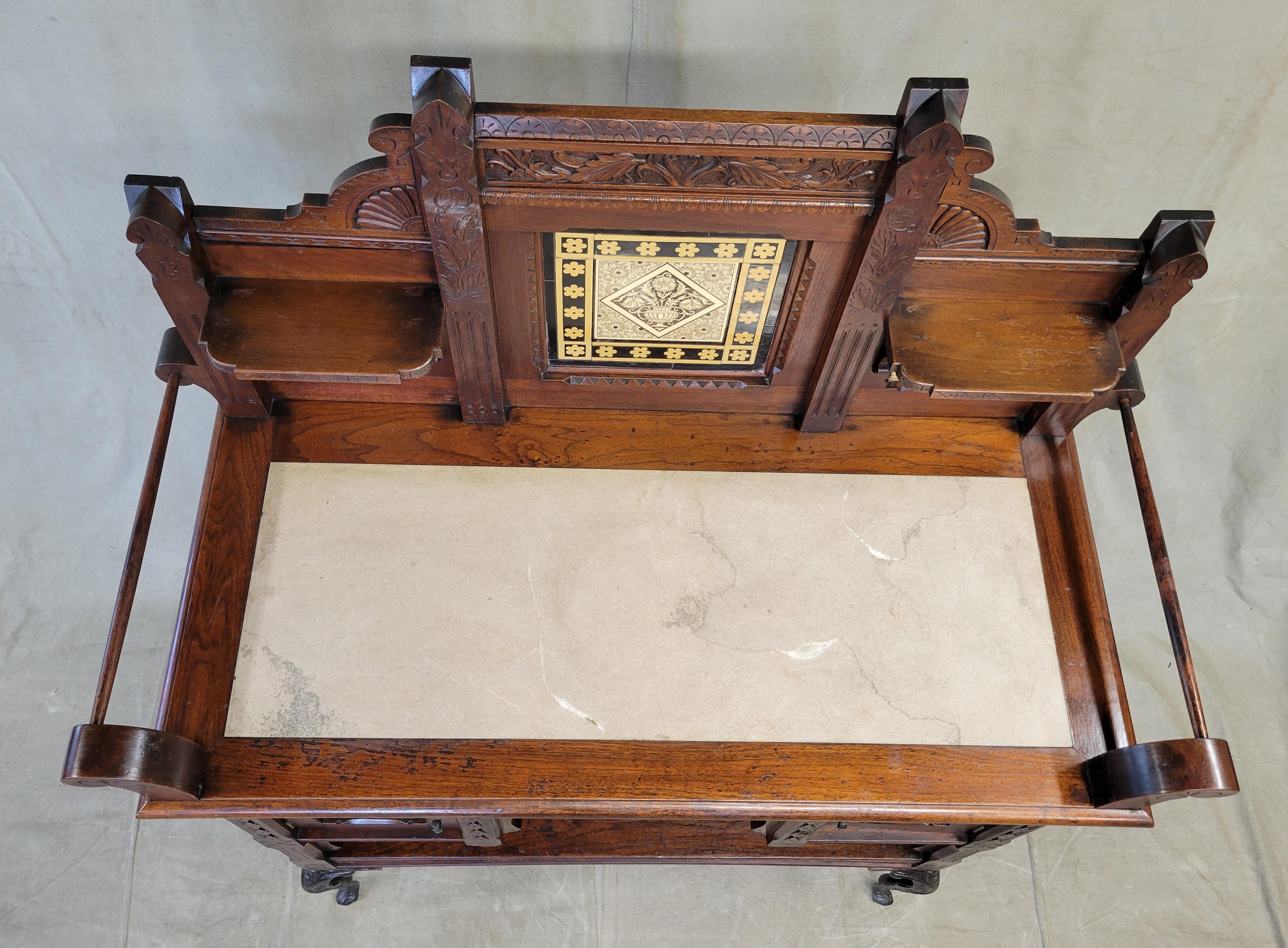 Antique English Aesthetic Movement Walnut, Marble and Minton Tile Sideboard 1