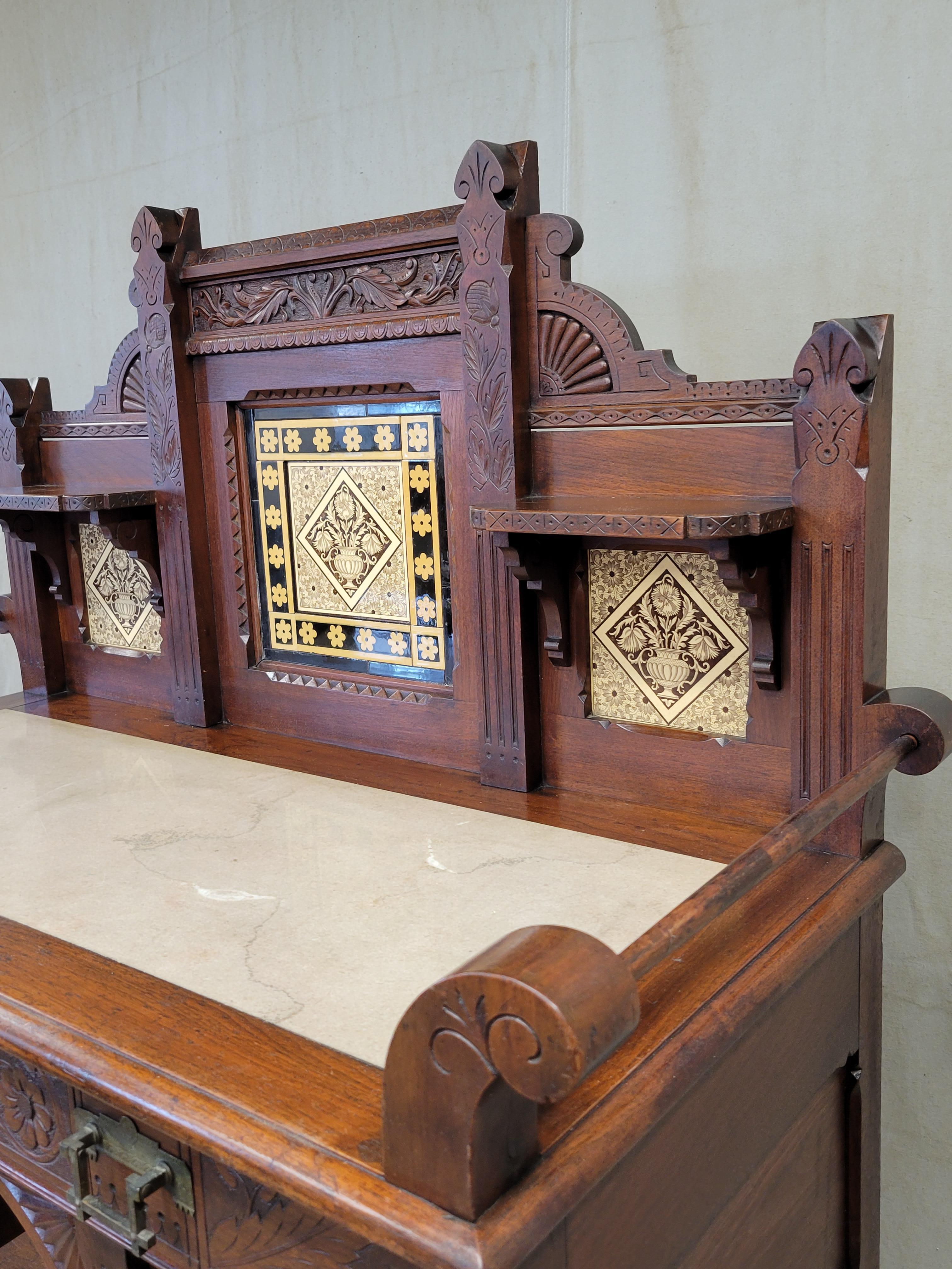 Antique English Aesthetic Movement Walnut, Marble and Minton Tile Sideboard 2