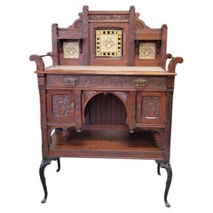 Antique English Aesthetic Movement Walnut, Marble and Minton Tile Sideboard