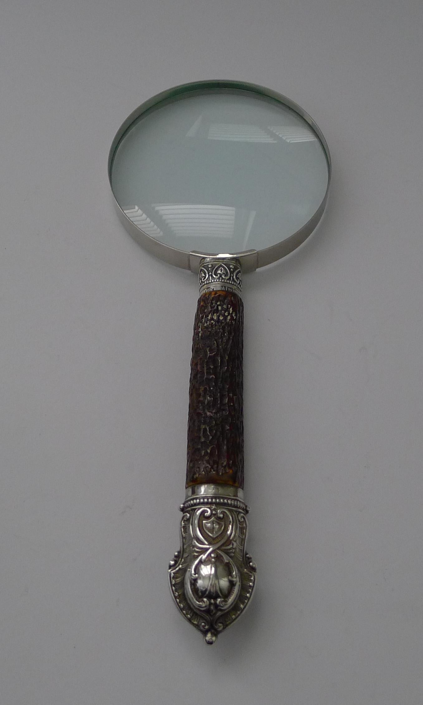 Late Victorian Antique English Antler Horn & Sterling Silver Handled Magnifying Glass