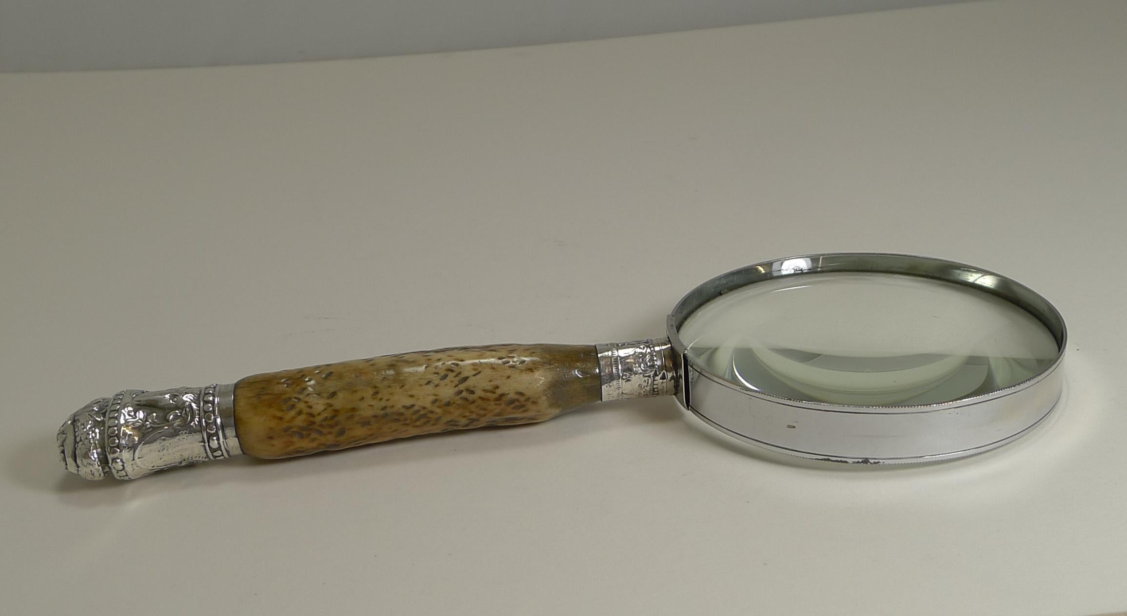 Antique English Antler Horn & Sterling Silver Handled Magnifying Glass In Good Condition In Bath, GB