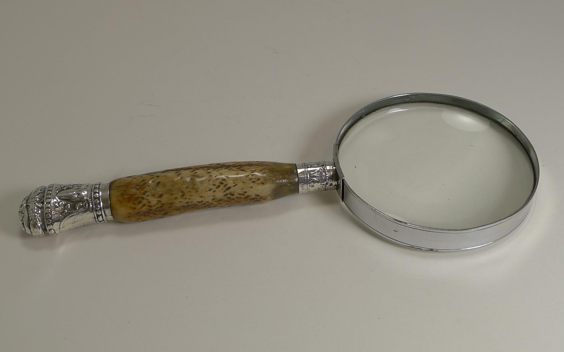 Late 19th Century Antique English Antler Horn & Sterling Silver Handled Magnifying Glass