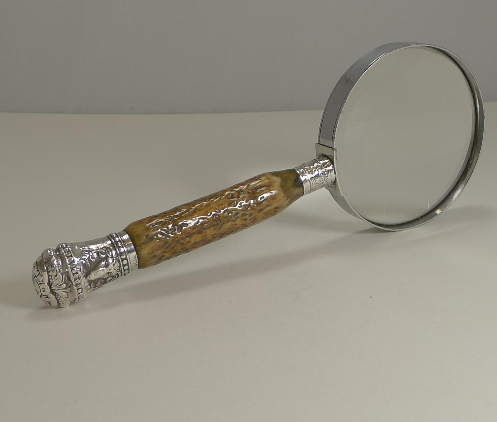 Antique English Antler Horn & Sterling Silver Handled Magnifying Glass 1