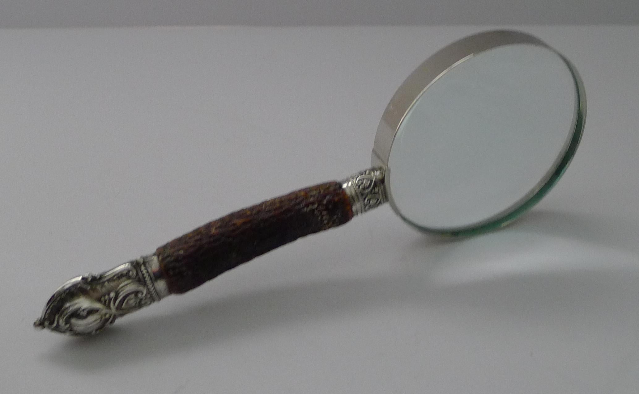 Antique English Antler Horn & Sterling Silver Handled Magnifying Glass 2