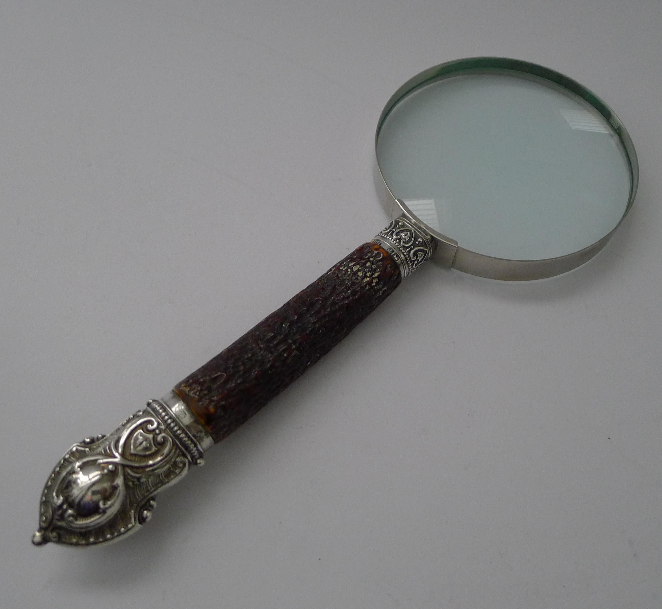 Antique English Antler Horn & Sterling Silver Handled Magnifying Glass 3