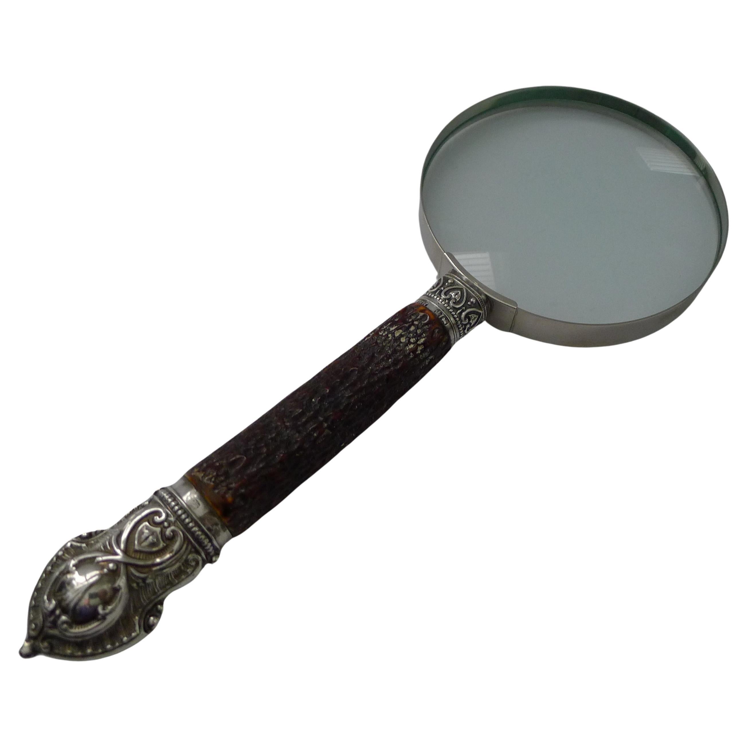 Antique English Antler Horn & Sterling Silver Handled Magnifying Glass