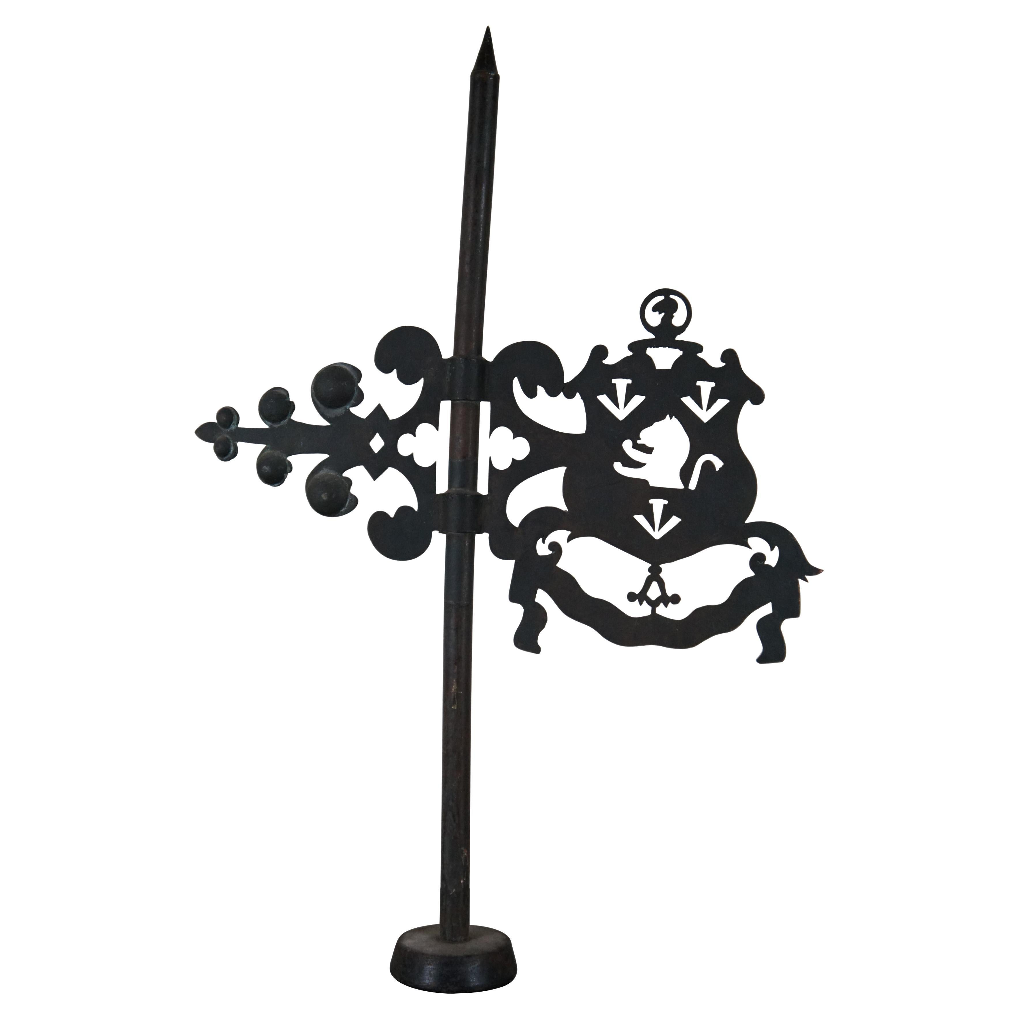 Antique English Architectural Wrought Iron Lion Coat of Arm Banneret Weathervane For Sale