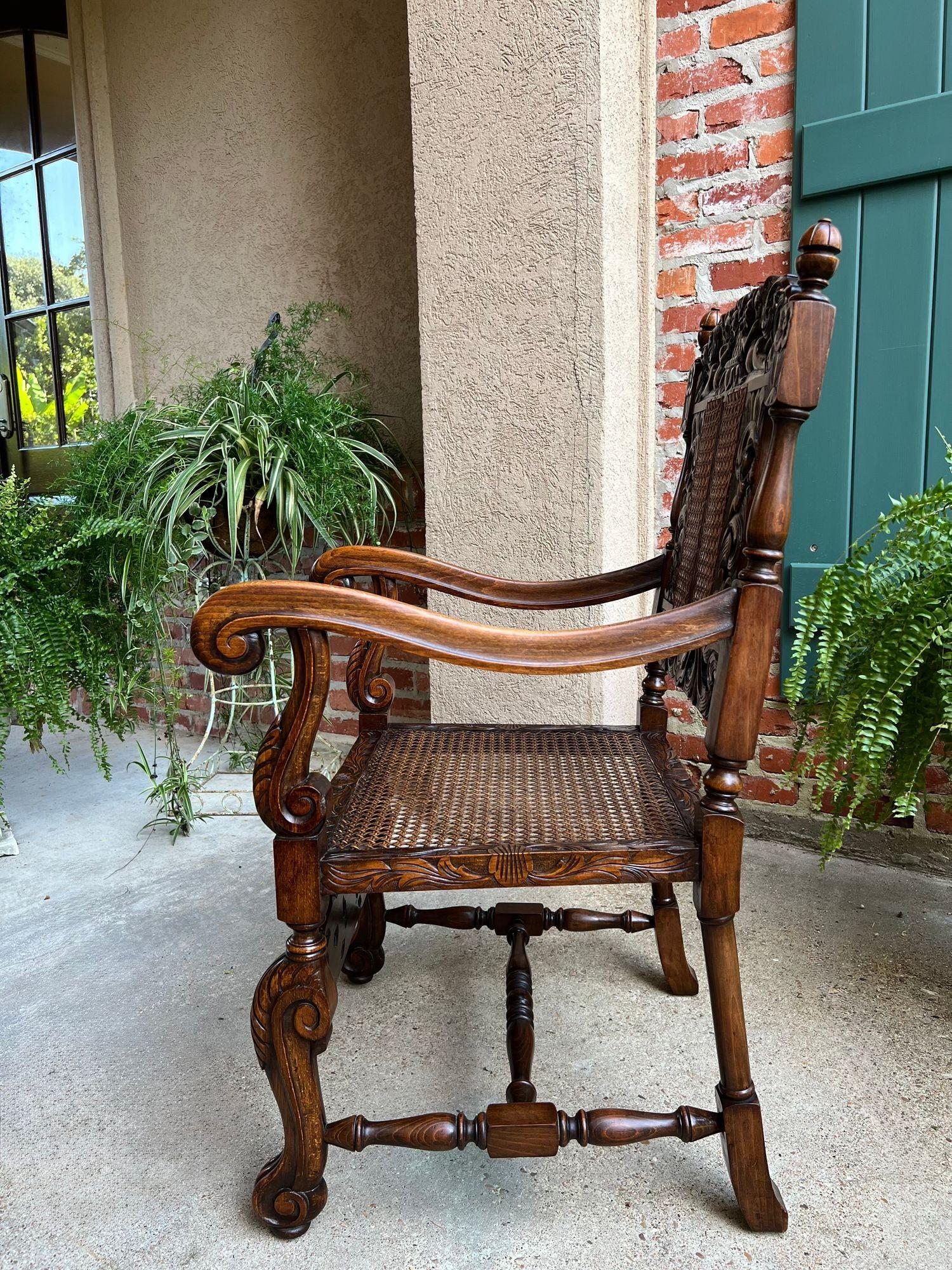Antique English Arm Chair Carved Oak Cane Seat Renaissance Cherubs Fireside For Sale 5