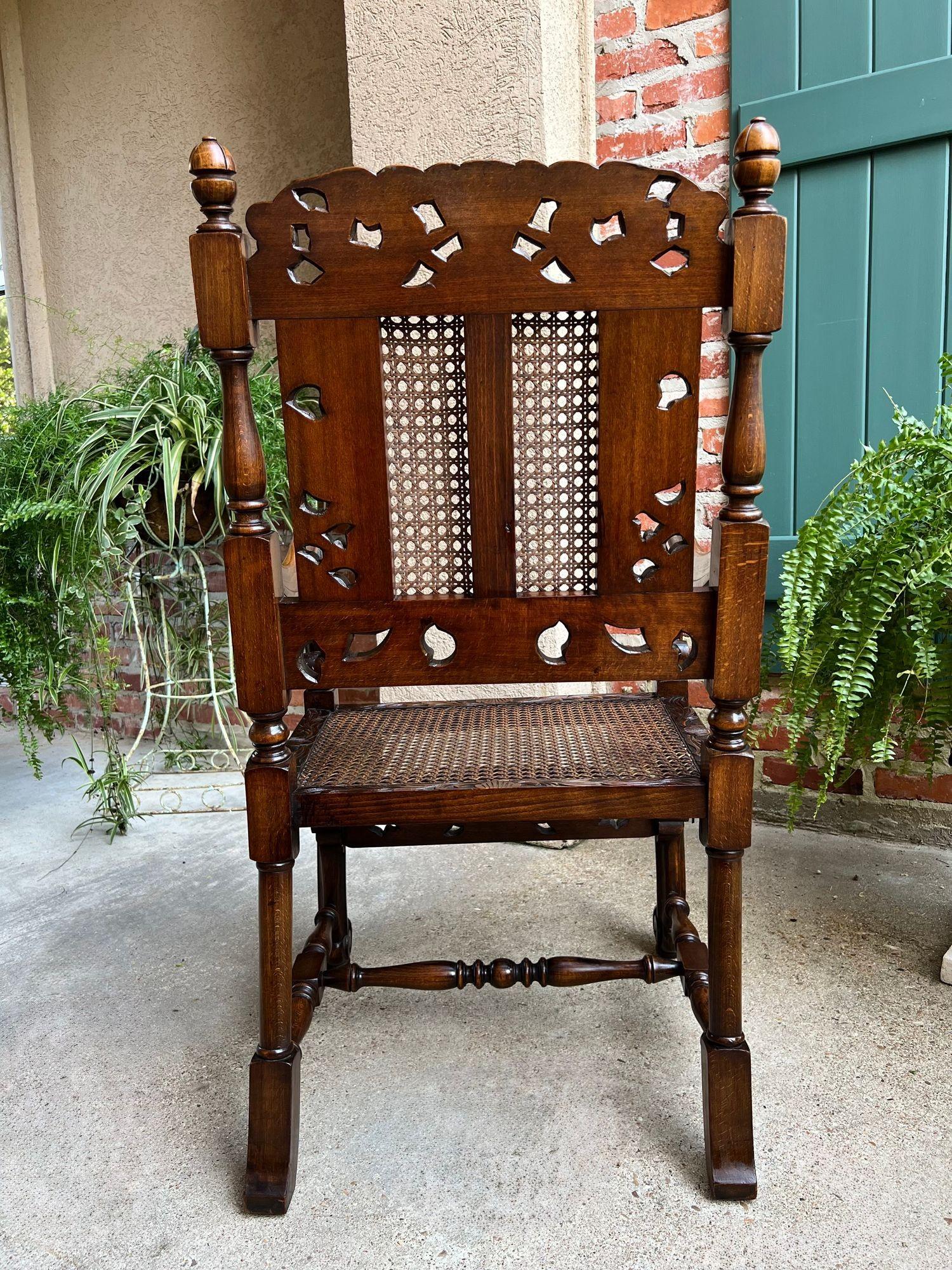 Antique English Arm Chair Carved Oak Cane Seat Renaissance Cherubs Fireside For Sale 6