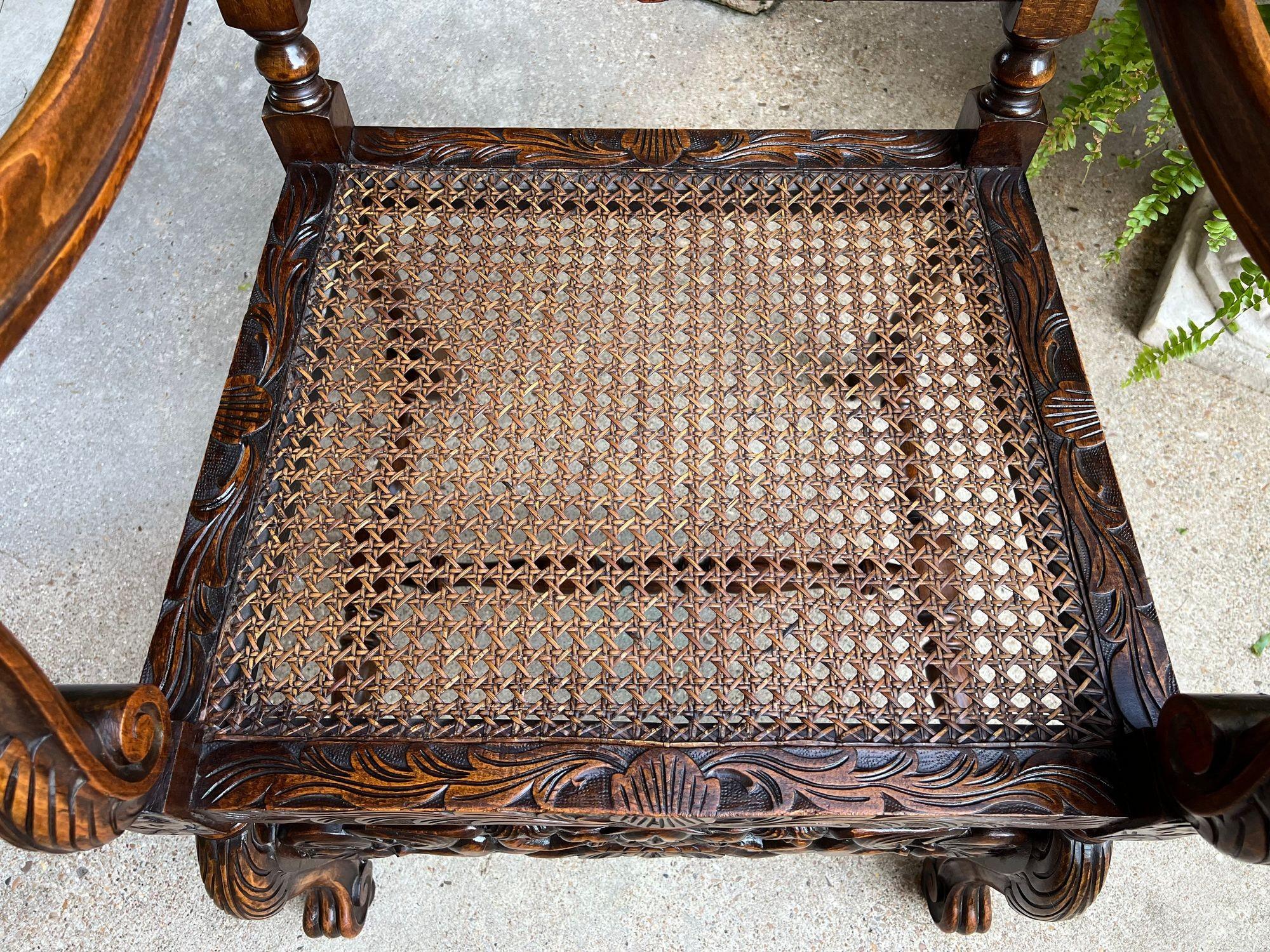 Antique English Arm Chair Carved Oak Cane Seat Renaissance Cherubs Fireside For Sale 11