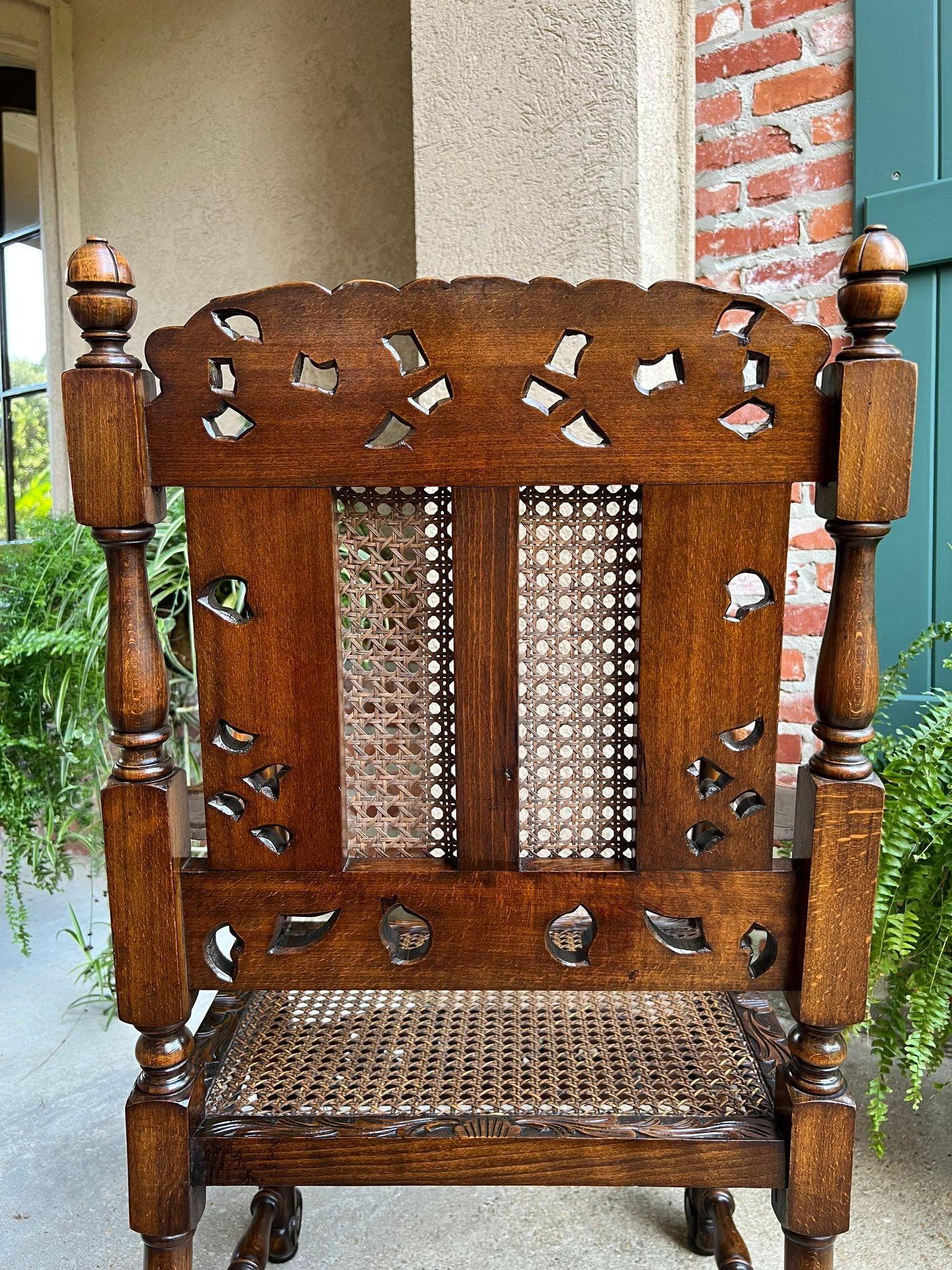 Antique English Arm Chair Carved Oak Cane Seat Renaissance Cherubs Fireside For Sale 13