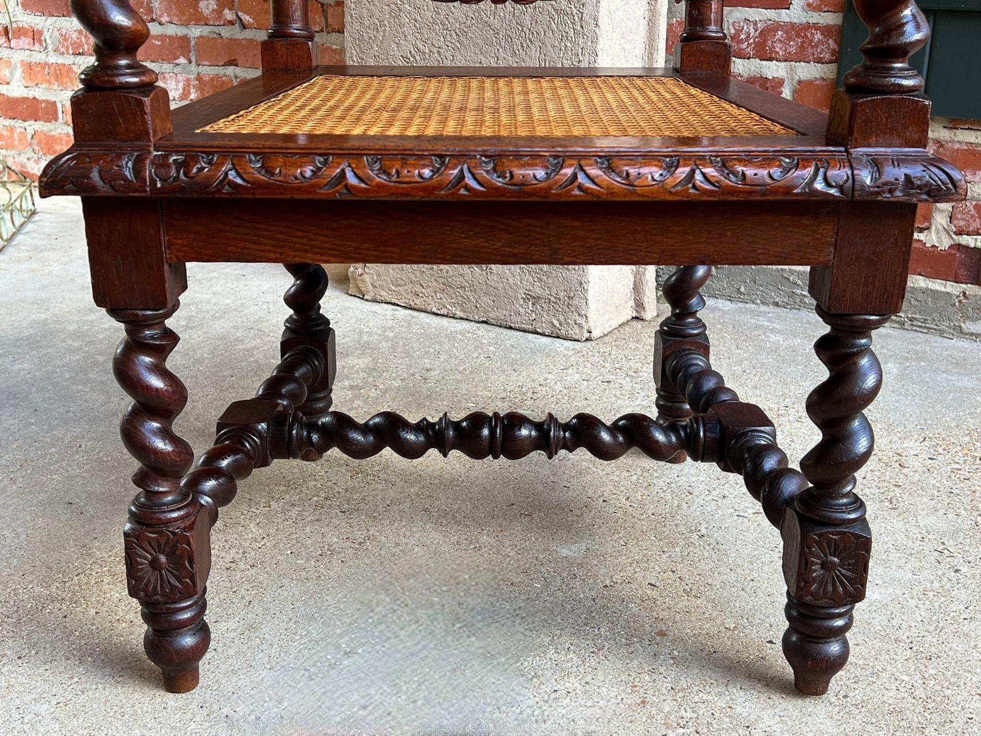 Antique English Arm Chair Carved Oak Throne Barley Twist Renaissance Cane Seat 3