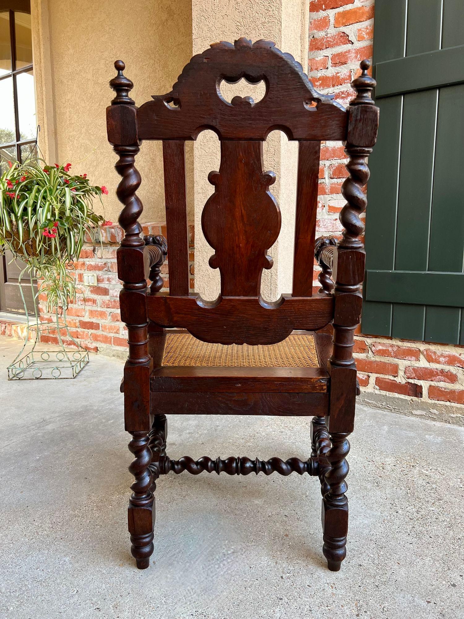 Antique English Arm Chair Carved Oak Throne Barley Twist Renaissance Cane Seat 4