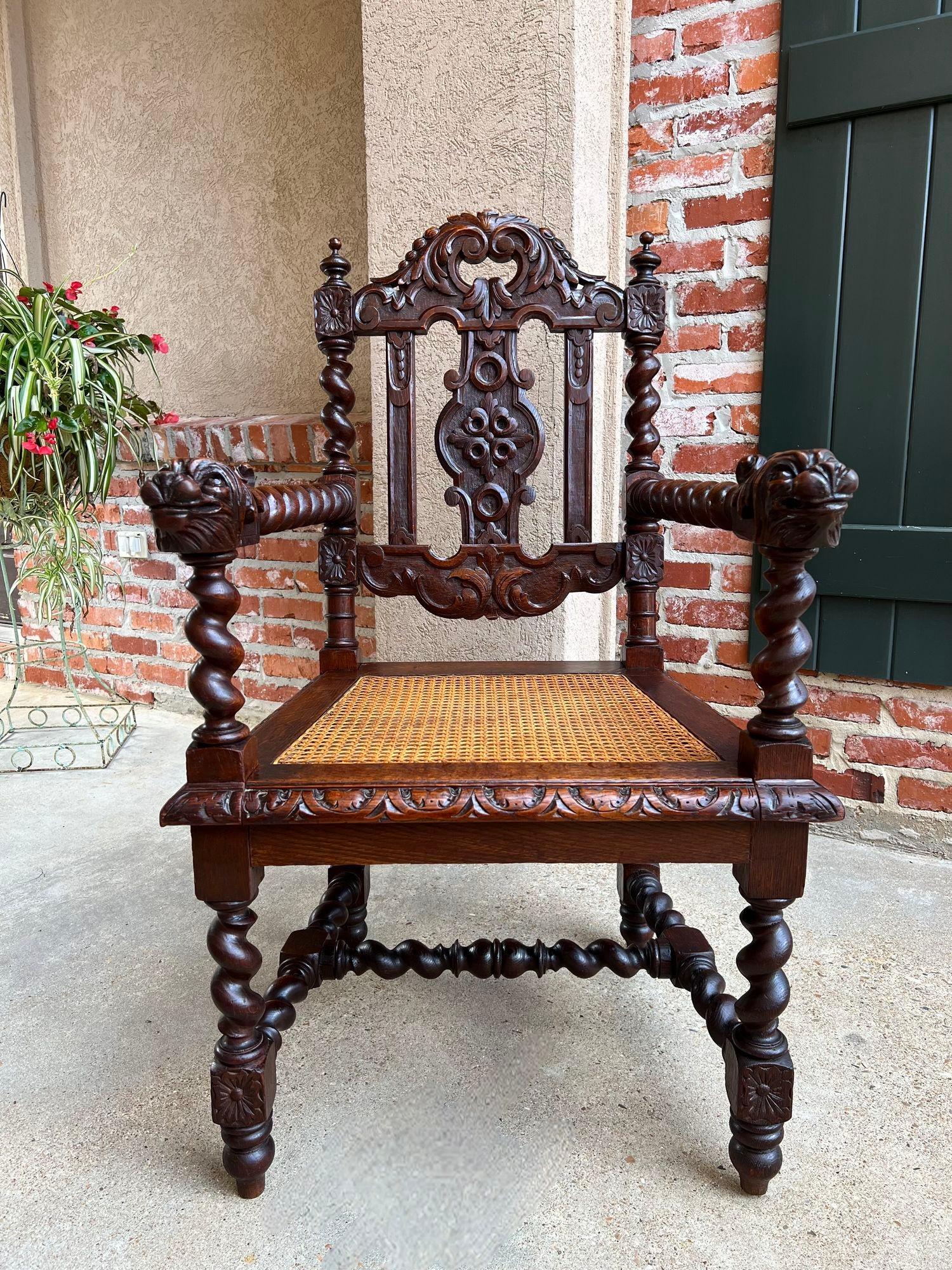 Antique English Arm Chair Carved Oak Throne Barley Twist Renaissance Cane Seat 5