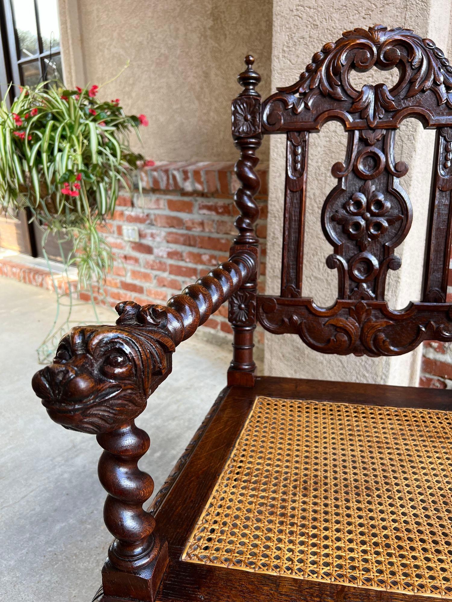 Antique English Arm Chair Carved Oak Throne Barley Twist Renaissance Cane Seat 8