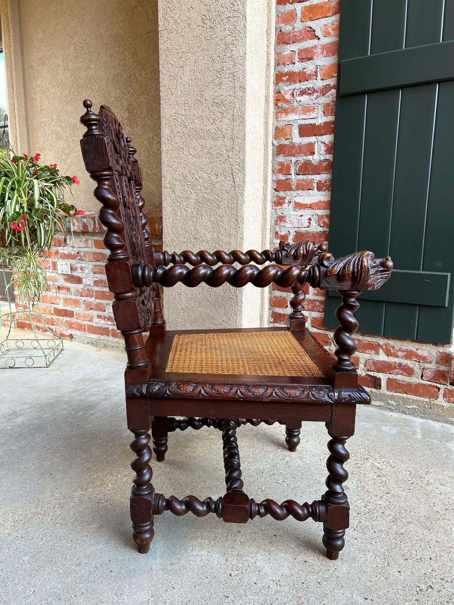 Antique English Arm Chair Carved Oak Throne Barley Twist Renaissance Cane Seat 9
