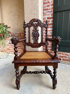 Antique English Arm Chair Carved Oak Throne Barley Twist Renaissance Cane Seat