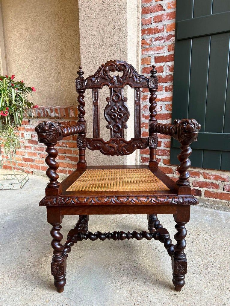 Antique English Arm Chair Carved Oak Throne Barley Twist Renaissance Cane Seat For Sale at 1stDibs