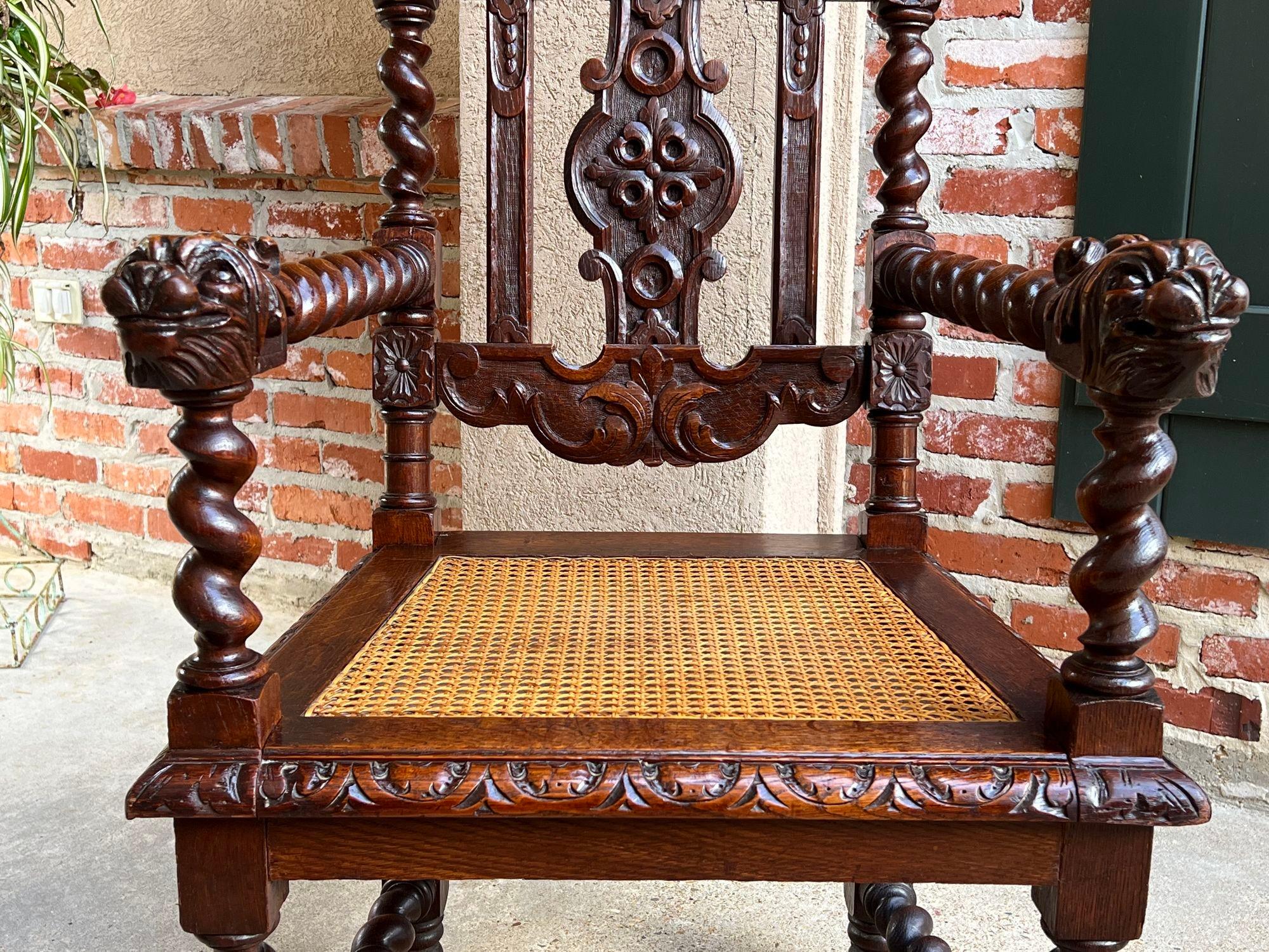 Renaissance Revival Antique English Arm Chair Carved Oak Throne Barley Twist Renaissance Cane Seat