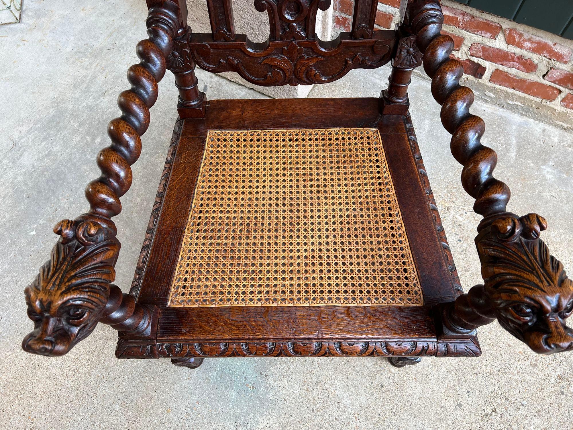British Antique English Arm Chair Carved Oak Throne Barley Twist Renaissance Cane Seat