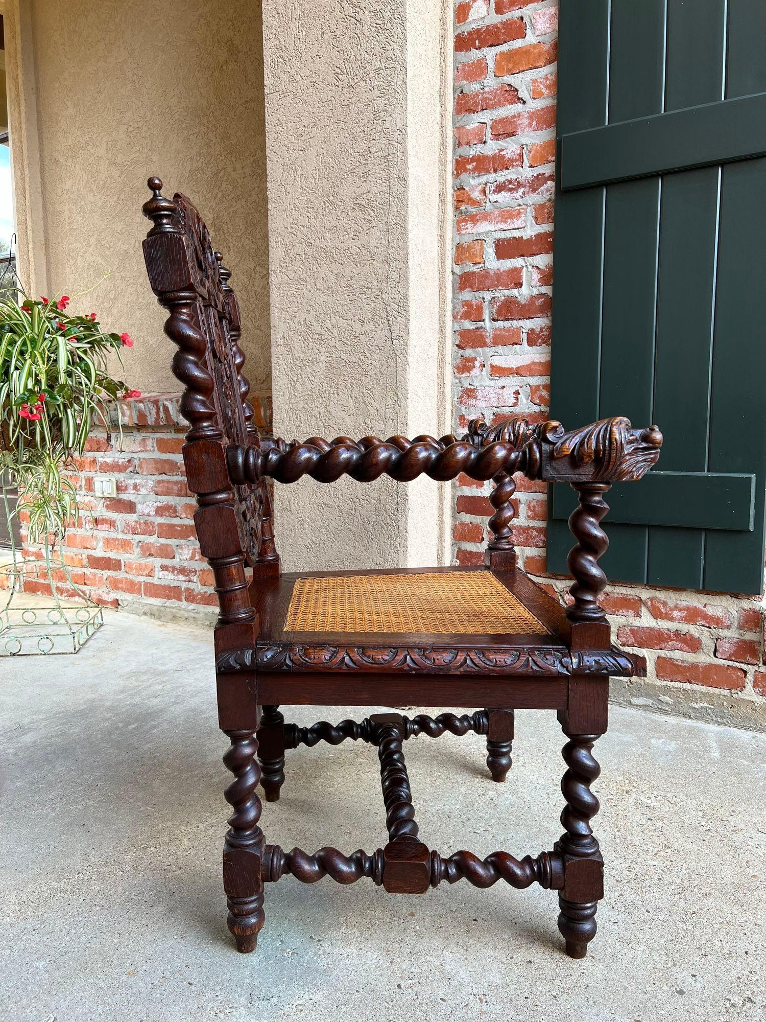 Antique English Arm Chair Carved Oak Throne Barley Twist Renaissance Cane Seat In Good Condition In Shreveport, LA