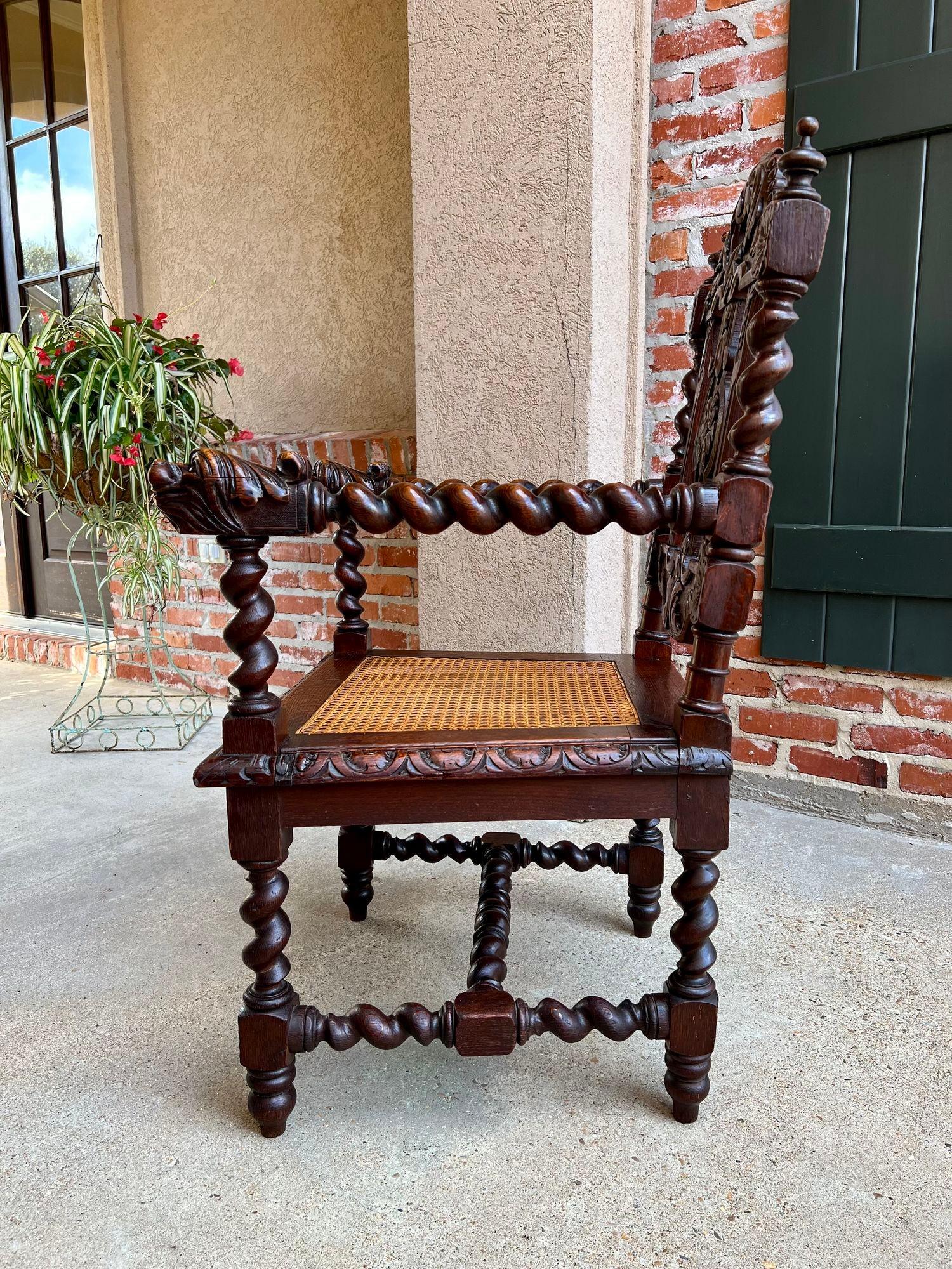 Antique English Arm Chair Carved Oak Throne Barley Twist Renaissance Cane Seat 1