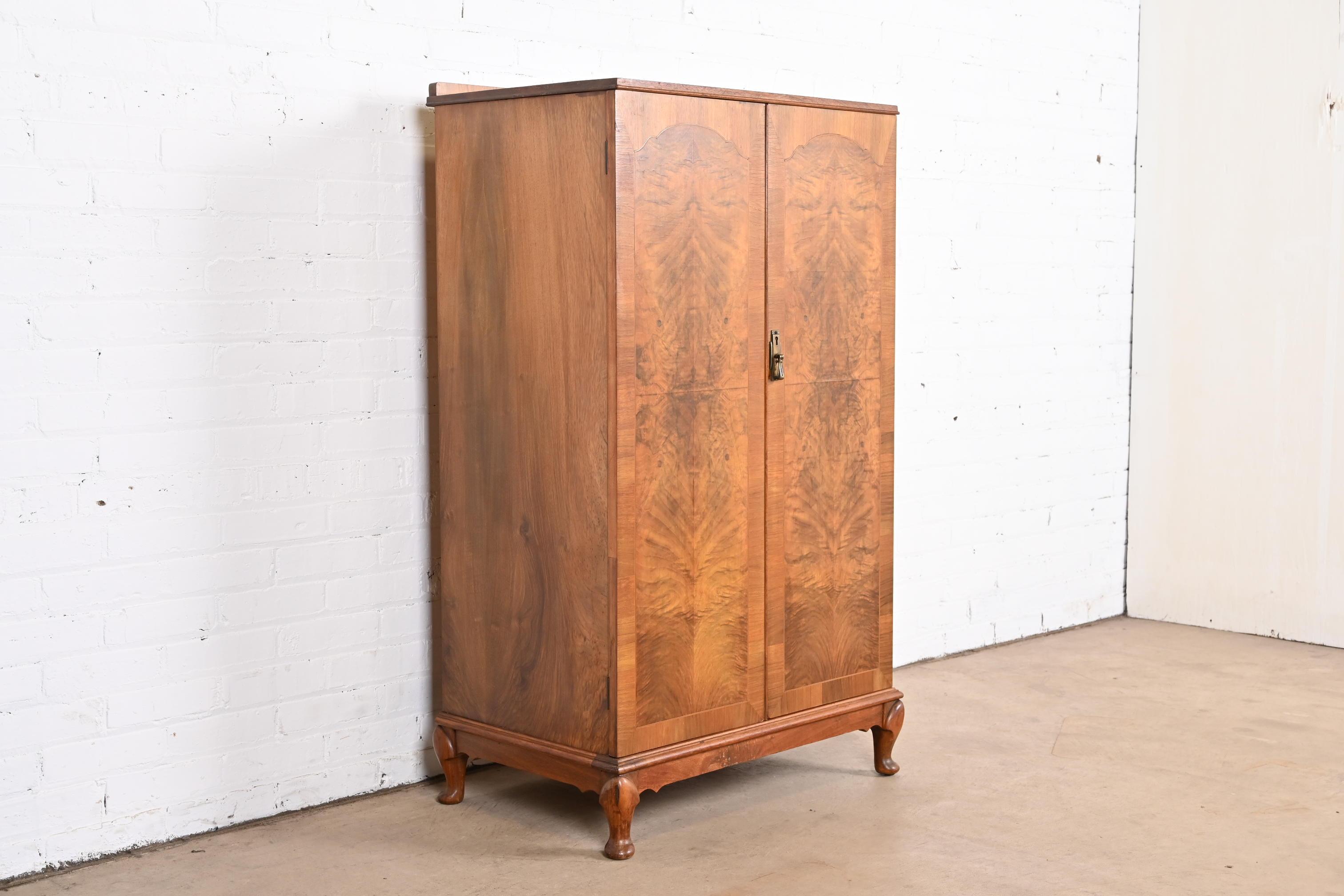 Brass Antique English Art Deco Burl Wood Gentleman's Chest, Circa 1930s