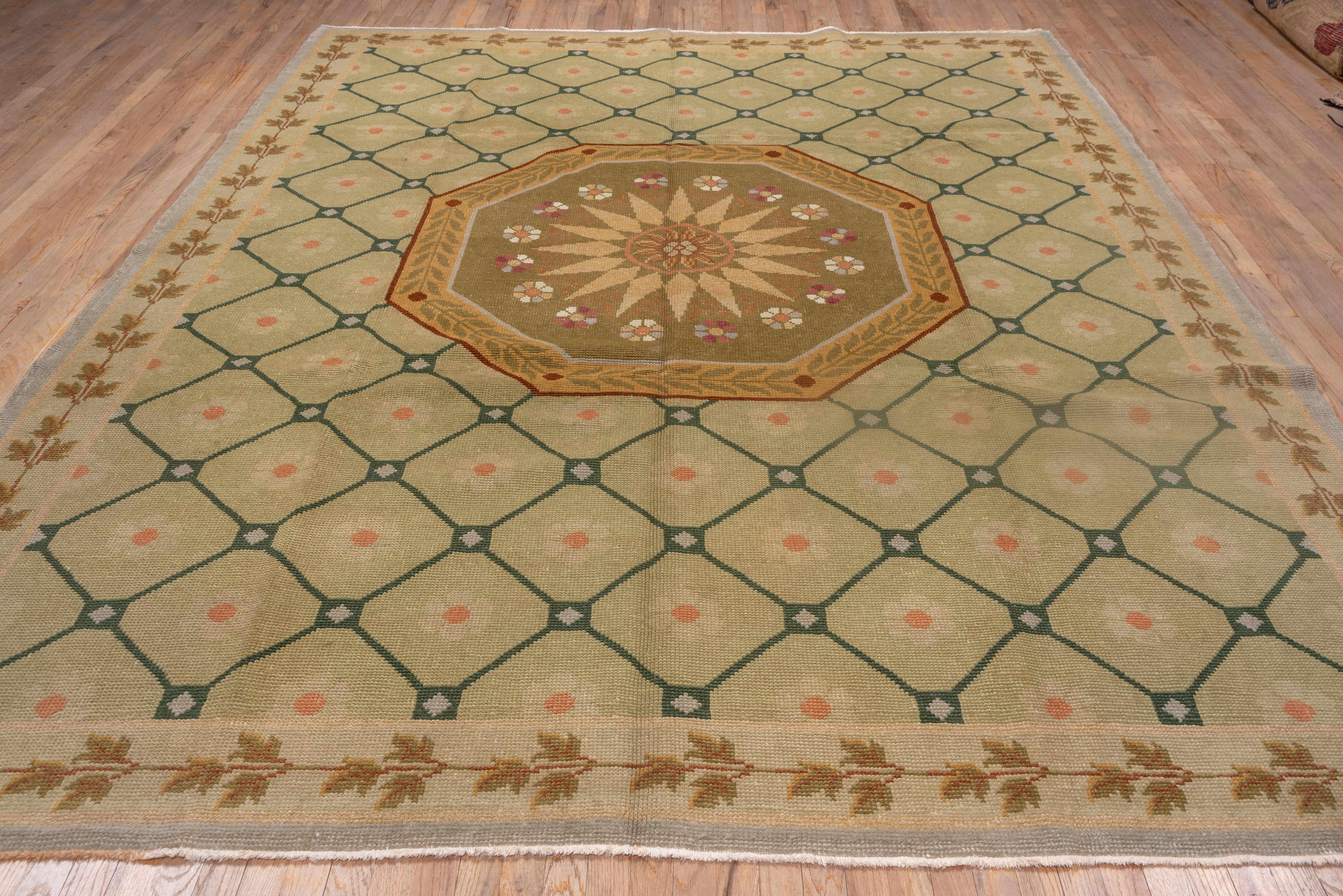 British Antique English Art Deco Carpet, Green Field and Tones, circa 1930s