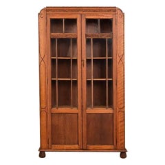 Antique English Art Deco Carved Oak Bookcase Cabinet, Circa 1920s