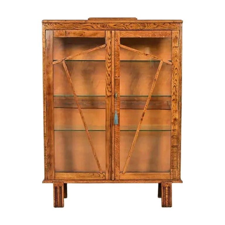 Antique English Art Deco Carved Oak Bookcase or Display Cabinet, Circa 1920s