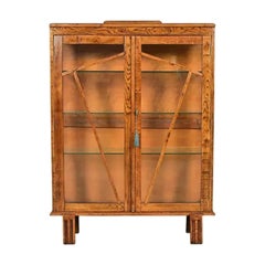 Antique English Art Deco Carved Oak Bookcase or Display Cabinet, Circa 1920s